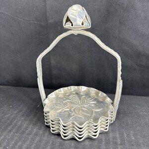 Vintage Aluminum Floral Pattern Coaster Set With Holder Carrier Silver Color 5.5